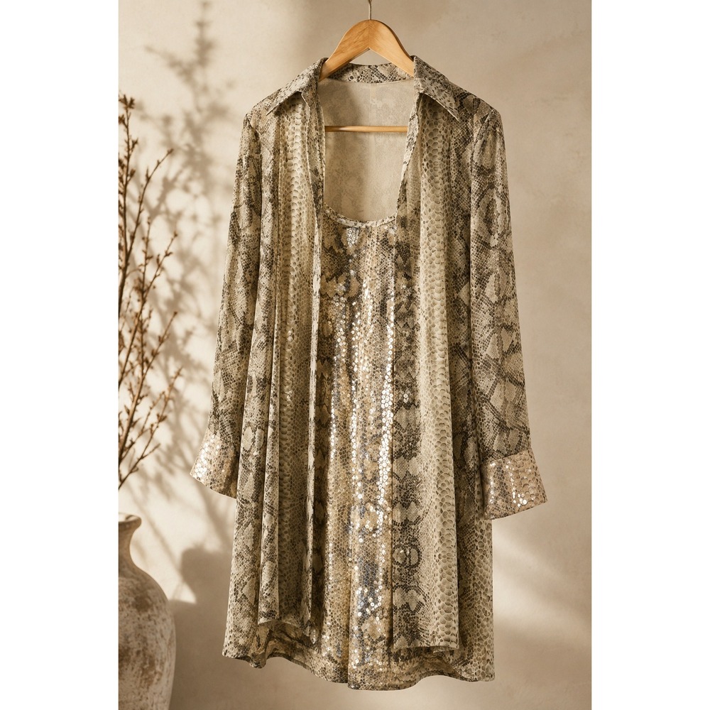 Vintage Y2K Joseph Ribkoff Snakeskin Sequin Dress Duster Set Made Canada Size 10